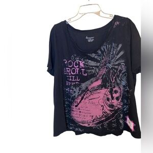 Rock and Roll Distressed Raw Edge Crop Pink & Black Lane Bryant shirt